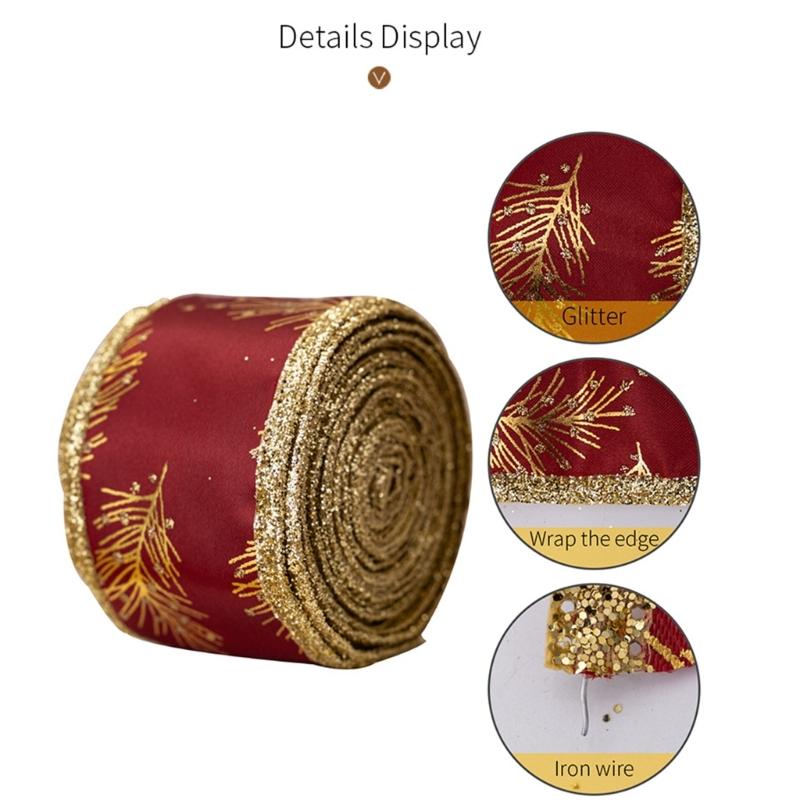 5Meters Glittering Powder Leaf Christmas Ribbon Festival Gifts Wrapping for Holiday Gifts and Christmas Tree Decoration
