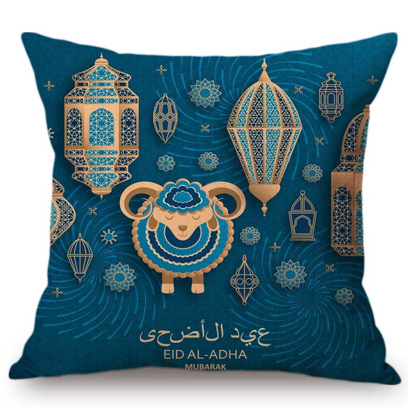 Muslim Arabic Eid Al Adha Mubark Decorative Pillow Case Black Marble Blue Brown Islamic Lantern Ornamental Design Cushion Cover