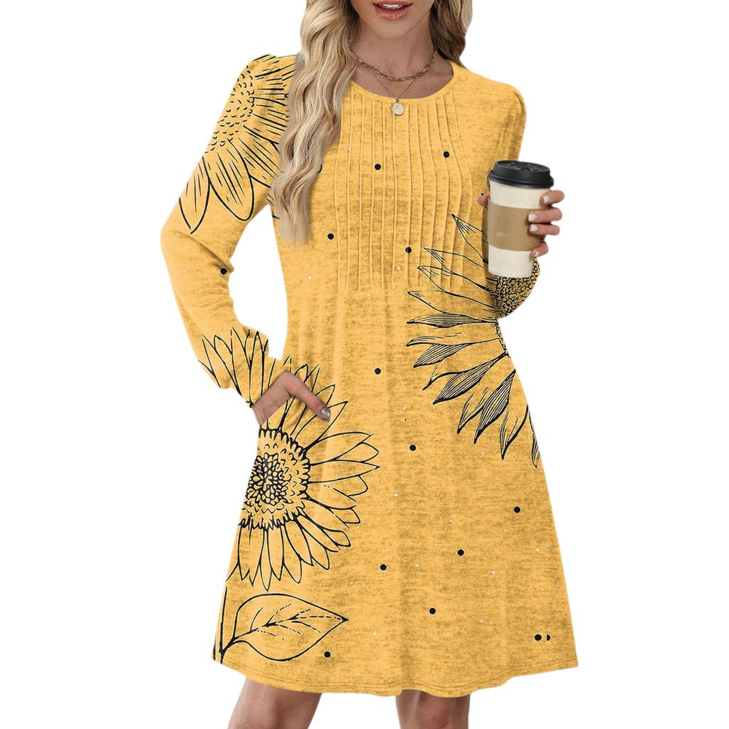 Women's Long Sleeve Pleated Round Neck Floral Print Casual Dress With Pockets