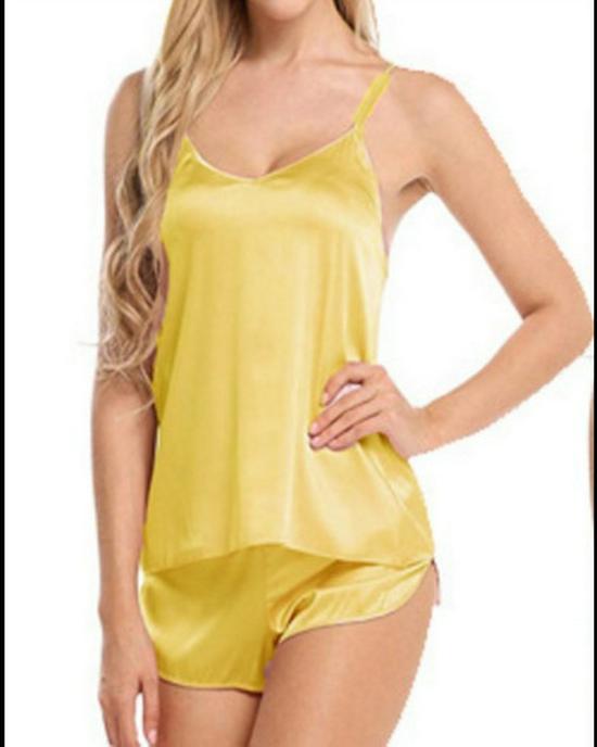 Sexy Satin Women's V-Neck Lace Pajama Set: Sleeveless Camisole & Shorts for Home Wear