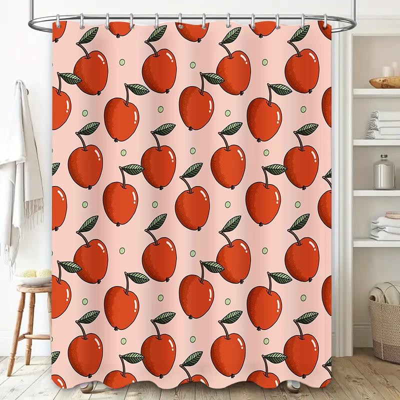 Vintage Cherry Bath Shower Curtain Red Floral Print Fabric Waterproof Washroom Decor – Pink Background, Orange Apples for Bathro