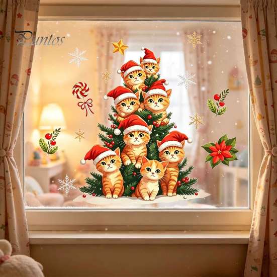 Reusable Glass Stickers Christmas Static Window Clings, Orange Cat Tree Stickers, Santa Hat Kitten Party Supplies Xmas Decals, Festive Holiday