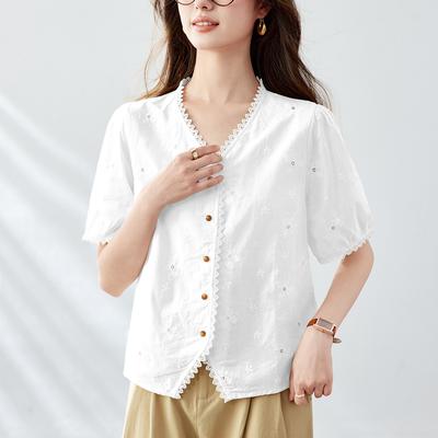 Apricot Embroidered Shirt for Women Short-sleeved Summer New Lace Lace V-neck Top Pure Cotton Shirt
