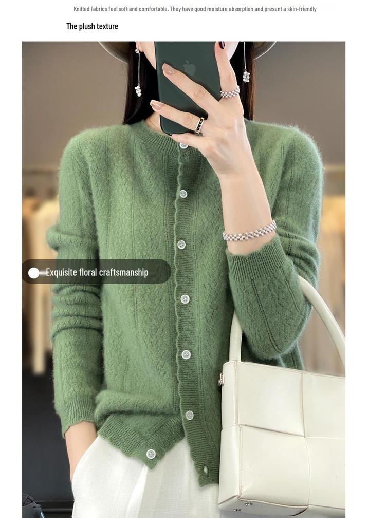 Women's Loose Knit Pure Wool Cardigan - Wheat Ear Design for Autumn Winter