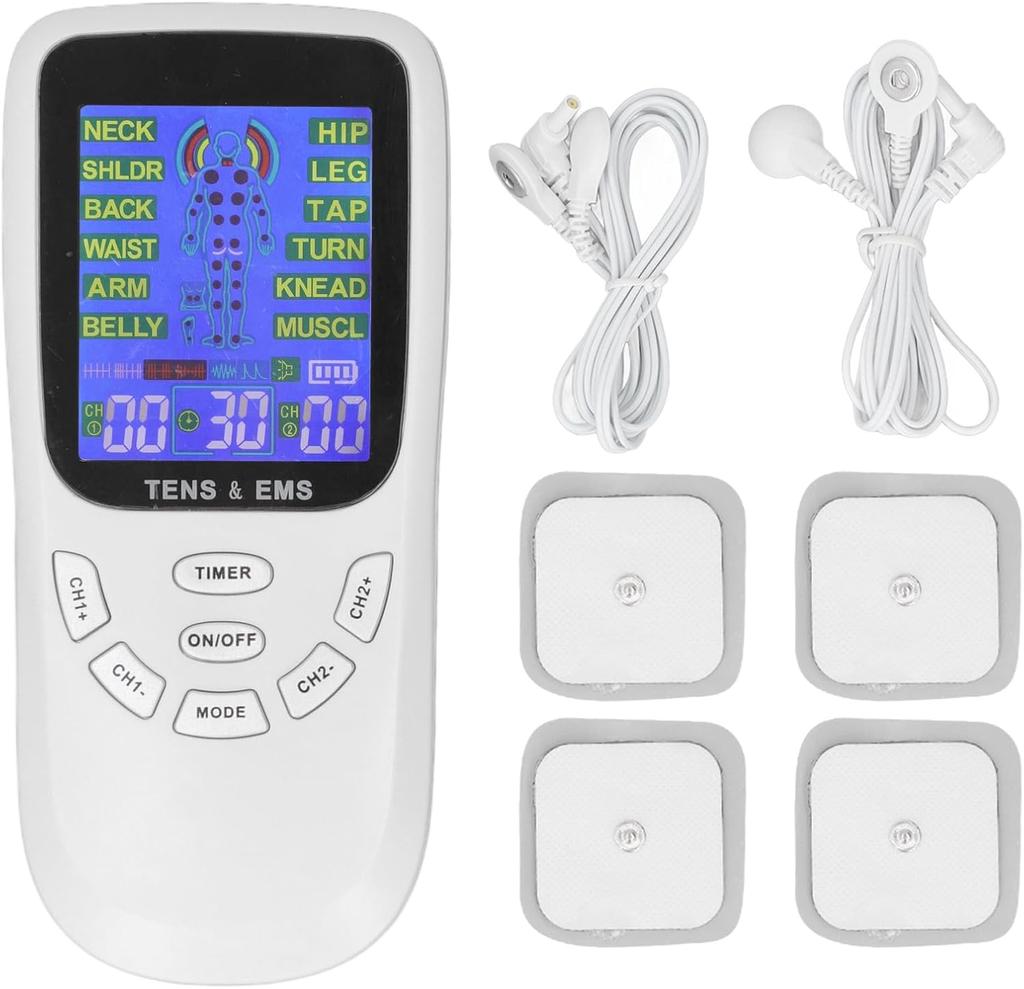 TENS EMS Machine Combo 4 Canaux Rechargeable - Stimulateur Musculaire + Soulagement et Gestion de la Douleur Dorsale - 24 Programmes/Rétroéclairé
