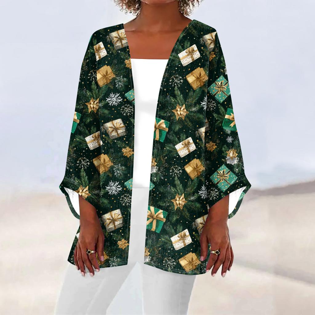 Women's Casual And Fashionable Christmas Printed Lightweight Mid Length Jacket Cardigan