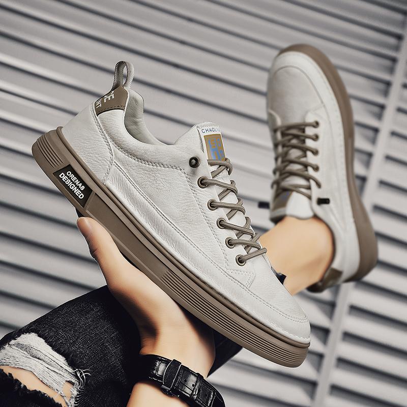 New Men's Genuine Leather Lace-Up Skate Sneakers Low-Cut Versatile Casual Sports Work Everyday Outdoor Comfortable Walking Shoes
