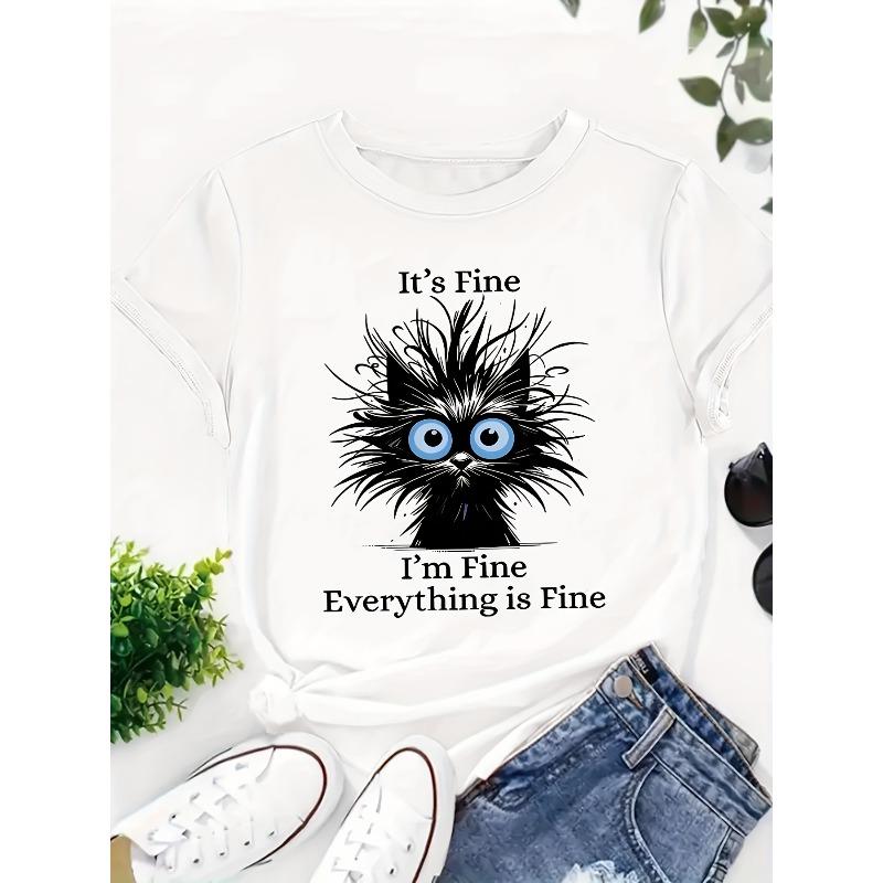 

European Size [Cat Design | Polyester] Polyester Cartoon Cat Design T-Shirt | Short Sleeve Casual Crew Neck Top 4XL