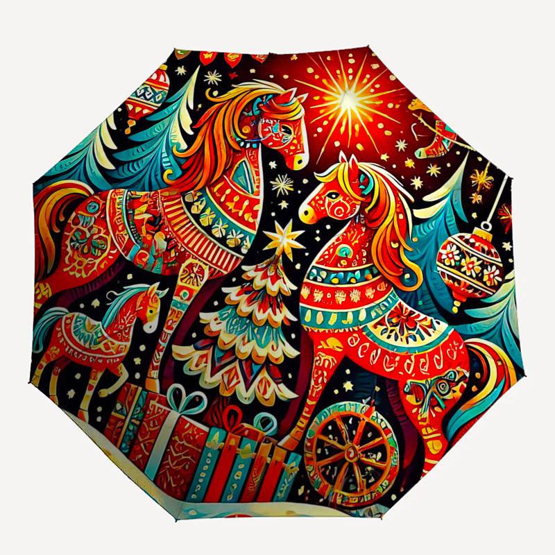 1pc Christmas Horse Decorative Automatic Opening Folding Umbrella with 8-Rib Iron Frame, Suitable for Fans, Travel, Daily Use, Gift for Outdoor Enthus