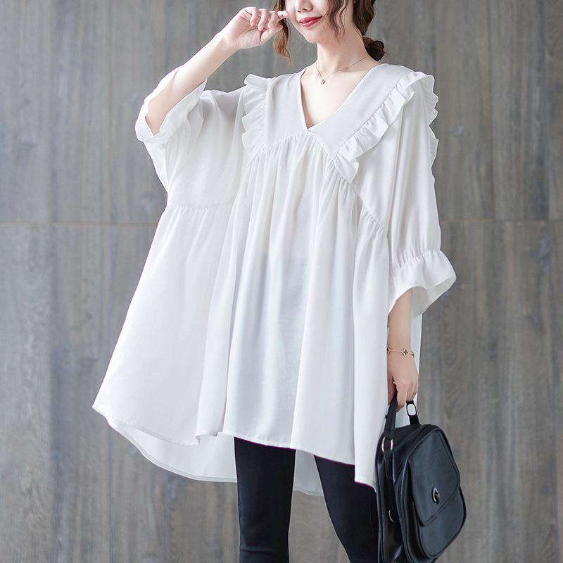 

2022 Summer Plus Size Ruffle V-Neck Slimming Mid-Length T-Shirt Plus Size One Size білий