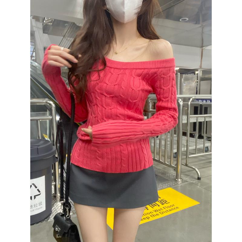 Women's Korean-Style Solid-Color Cable-Knit Sweater: Retro Knit Top with Off-the-Shoulder Neckline—Minimalist and Versatile Layering Top