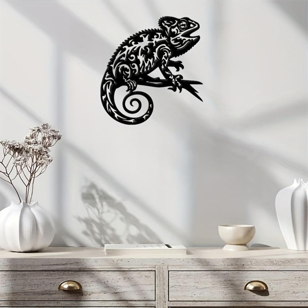 Metal Wall Art Black Chameleon Reptile Decor, Indoor Outdoor Patio Gift for Christmas Thanksgiving Birthday, Nature Home Ornament