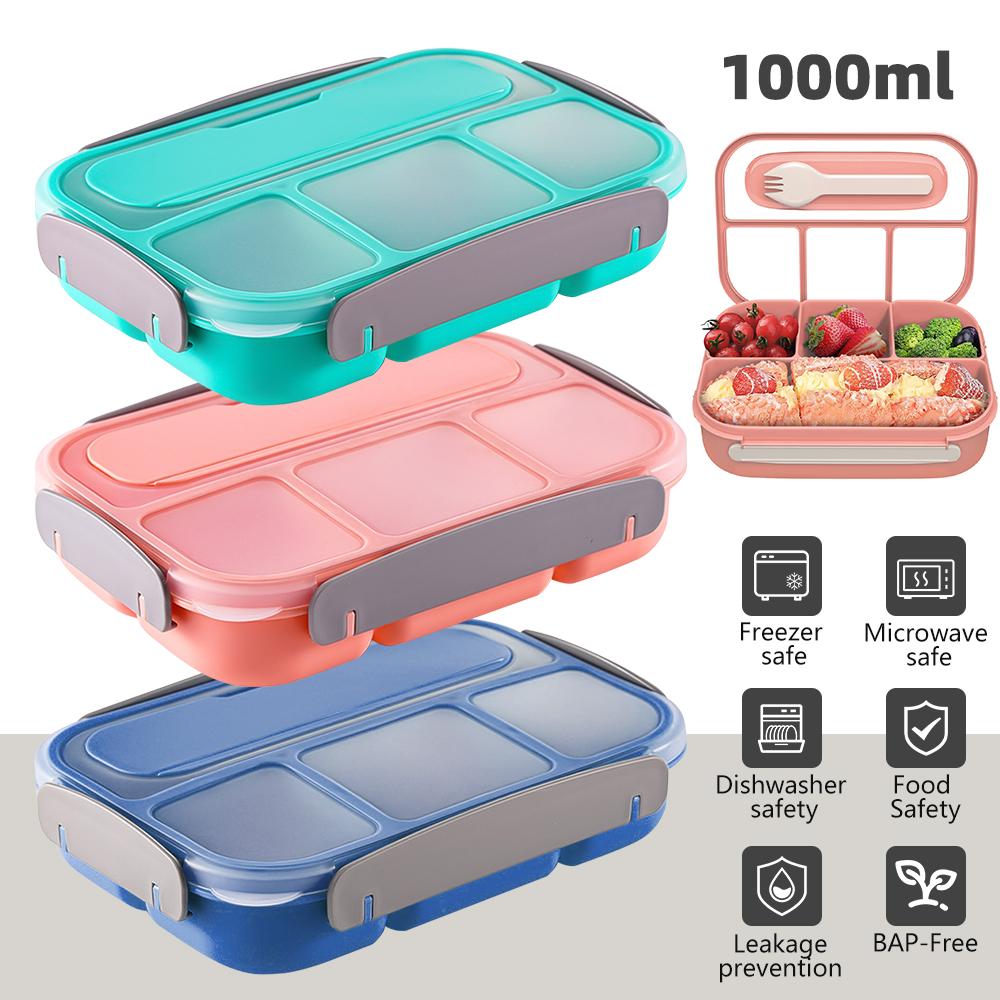 Bento Box Lunch Box Adult LunchBox Containers For Toddler Kids Adults 1000ml 4 Compartments Fork Leak-Proof Microwave Dishwasher