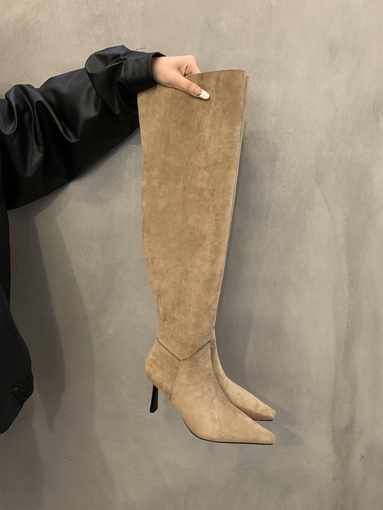 Pointed High Heel Over Knee Boots Women's Autumn French Khaki Fine Heel Pleated Pile Boots Knight Boots