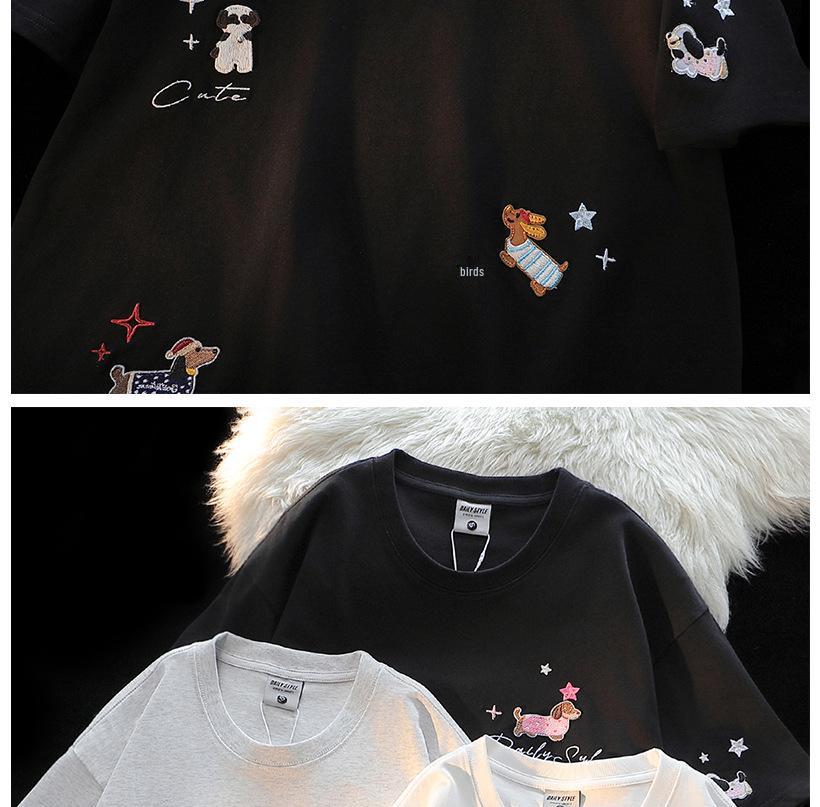 American Chic Embroidered Puppy Short-Sleeve Cotton T-Shirt for Women – Summer Loose Fit Cute Top