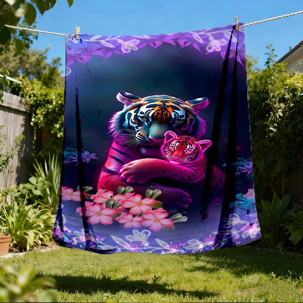1pc Tiger Floral Fantasy Outdoor Flannel Blanket Soft All Season Polyester Throw , Perfect for Picnics & Travel , Picnic Accessory