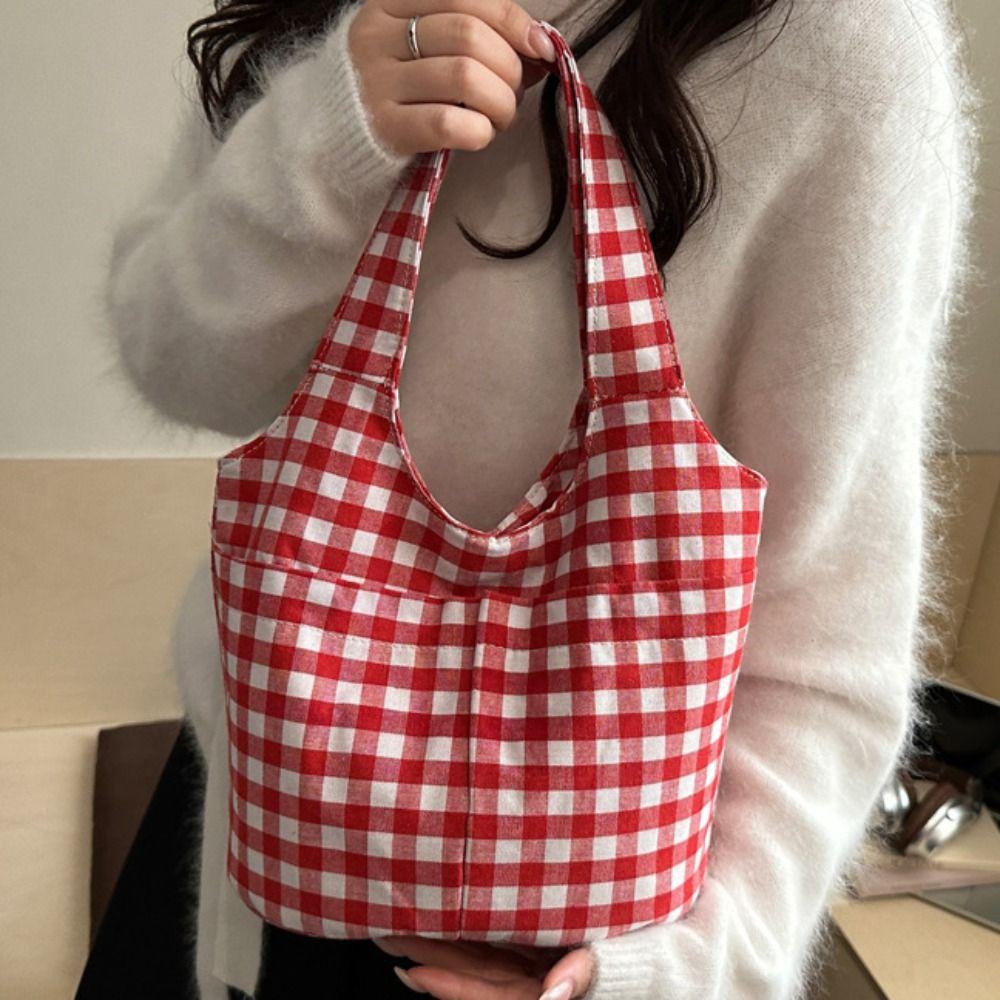 Fashion Red Plaid Tote Bag Large Capacity Shoulder Bag Lightweight Canvas Vest Bag  Storage Bag