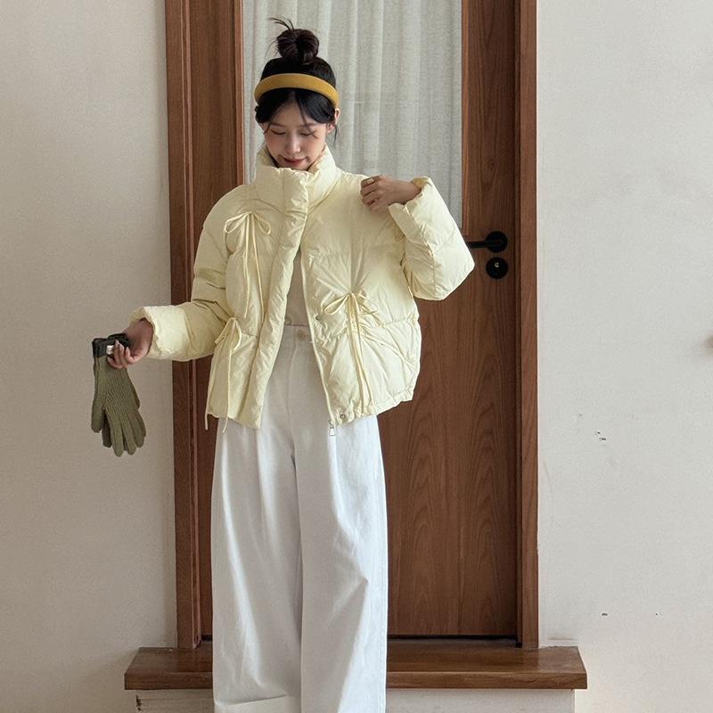 Sweet bow strap down jacket women's short 2024 new stand-up collar warm white duck down bread jacket trendy