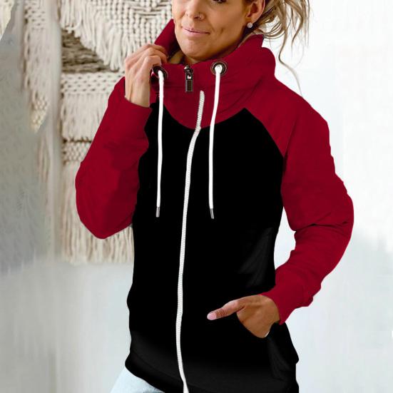 Felpa con cappuccio invernale da donna con cerniera, in pile, con colori a contrasto, patchwork, calda protezione per il collo, casual, morbida, autunnale, abbigliamento femminile