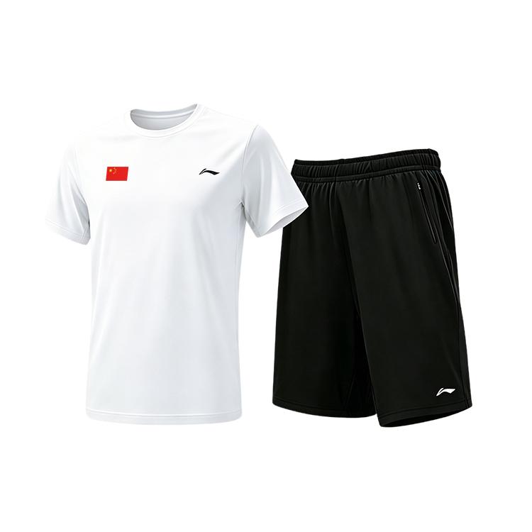 Li-Ning Quick-Dry Cool Outdoor Fitness Running Cycling Short Sleeve Shorts Ice Silk Breathable Casual Sports Suit Unisex sportswear YATW127-2+GQJY-001 M
