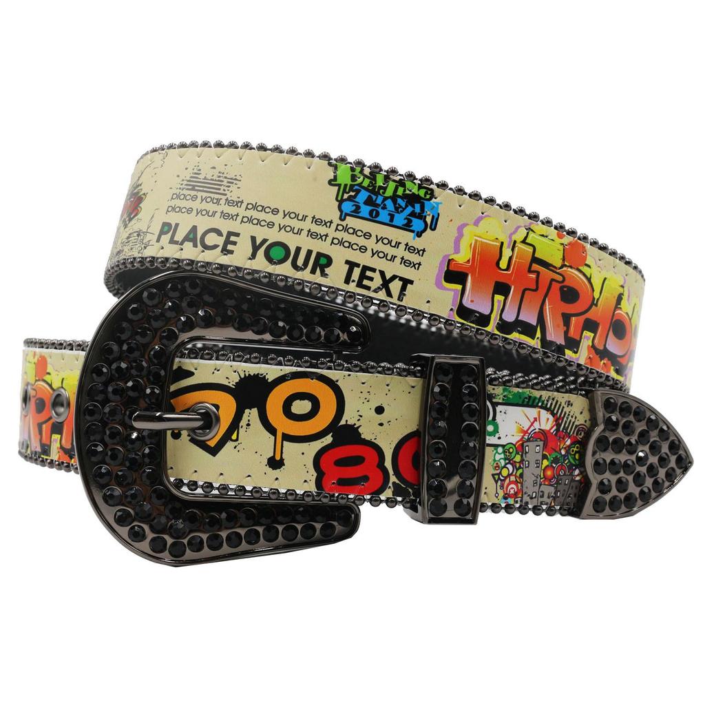 Bohemian Graffiti Rhinestone Leather Belt - Casual & Versatile European-American Style