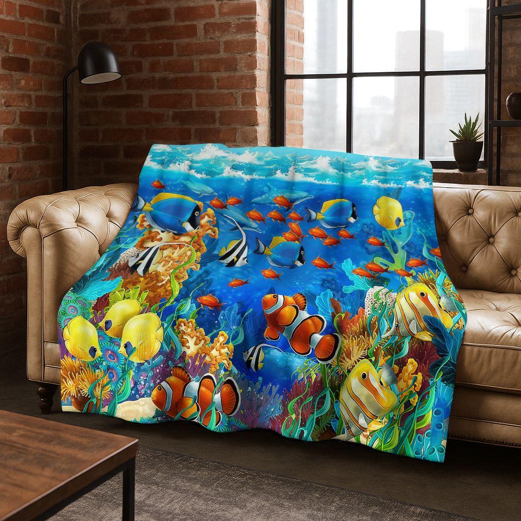 2026 New Underwater World Sea Dolphin Turtle Coral Art Flannel Blanket,Cozy Soft Throw Blanket for Home Bedroom Bed Sofa Kids