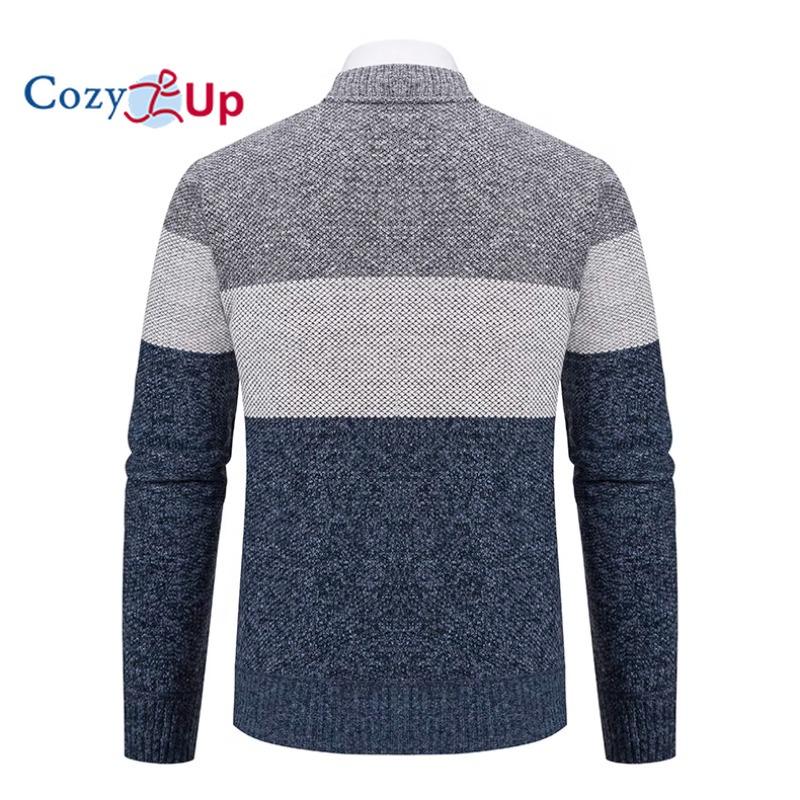 Plus Size Herre Genser Krage Full Glidelås Fargeblokk Stripe Kabel Strikket Cardigan Genser for Herre Kåpe Stor størrelse med lommer