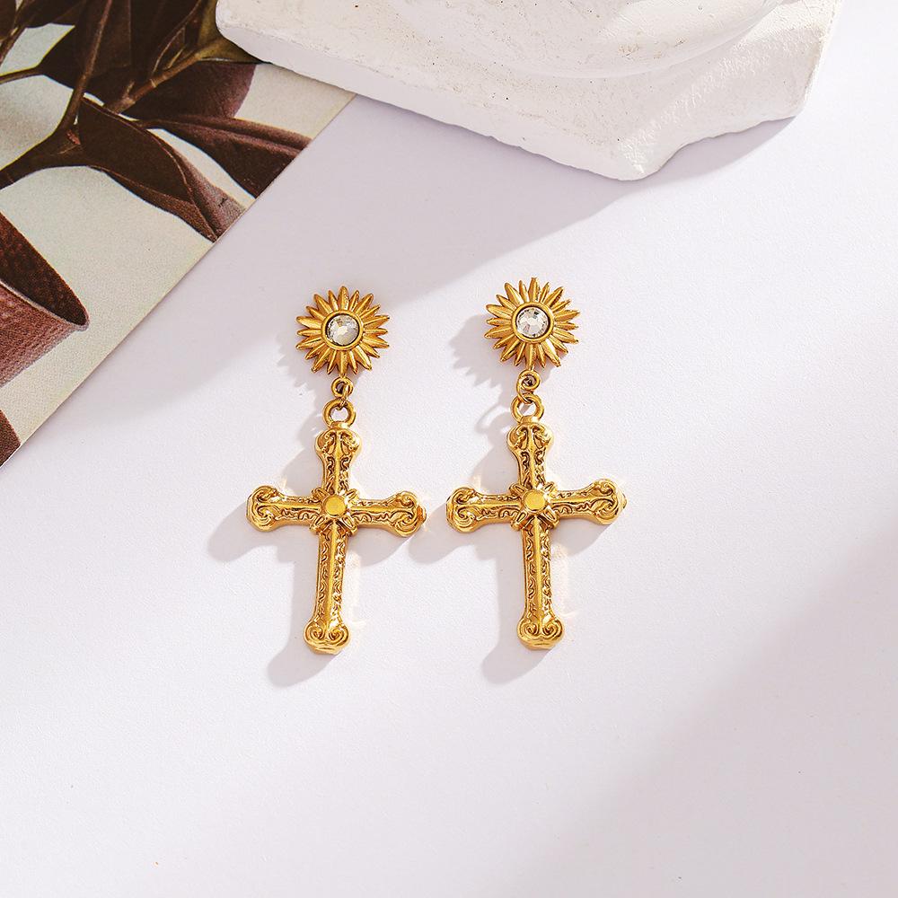 18K Gold-Plated Stainless & Titanium Steel Cross Stud Earrings for Women