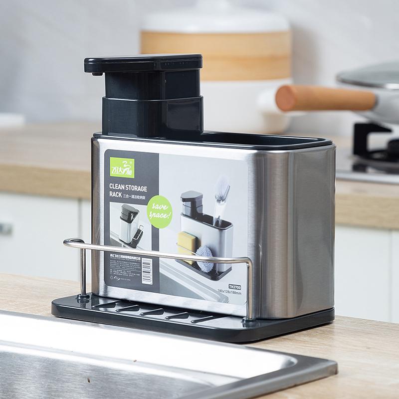 3-In-1 Kitchen Stainless Steel Tableware Soap Dispenser, Sponge Holder, Sink Organizer Drain Rack, Suitable For Kitchen Sinks