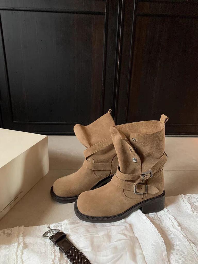 Grape Mother Studiolee Height Increased by 5.5cm~ Autumn Maillard Folded Two Buckle Straps Cow Velvet Medium Boots