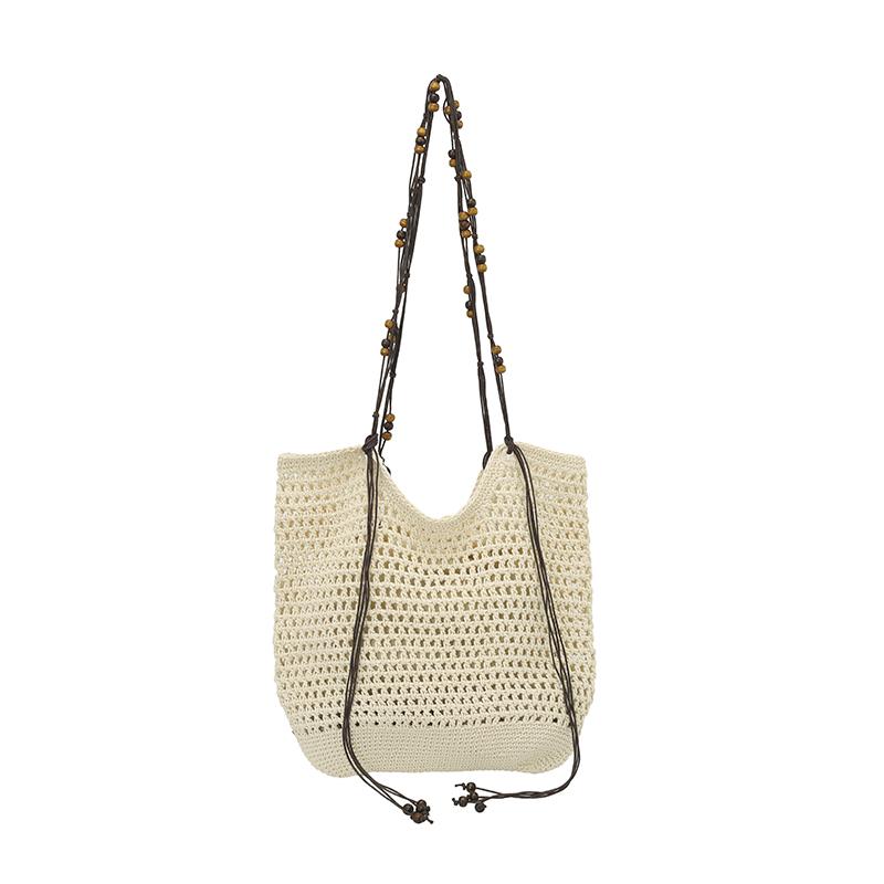 

Vintage Beaded Drawstring Woven Youth Tote Bags Large Capacity Hollow Knitted Shoulder Bag Casual Beach Travel Handbag бежевый