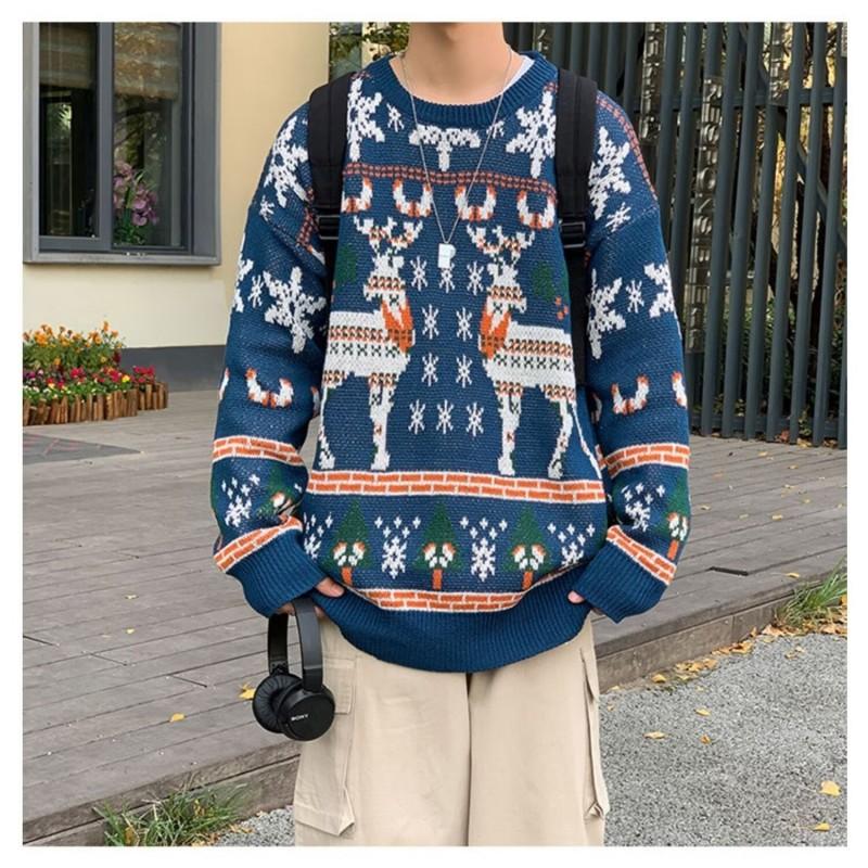 Long Sleeve Animal Print Knit Sweater Teens Loose Fit Round Neck Couple Wear Red Blue