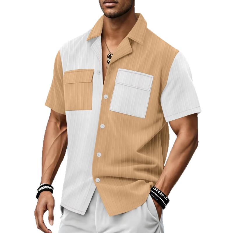 Men's Casual Color Block Short Sleeve Shirt Lapel Collar Button Up with Pockets Summer Beach Holiday Blouse Tops