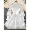 Retro Long Sleeves Stand Collar Crochet A- Line Dress Lace