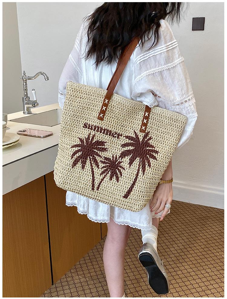 

Summer Tree Print Vacati Straw Woven Shoulder Bags for Women Large Capacity Ladies Beach Tote Travel Portable Female Handbags бежевый