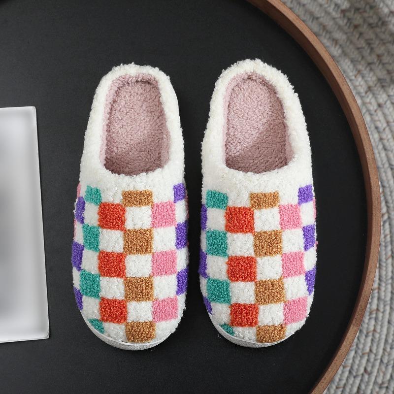 Fashion Rainbow Plaid Couple Cotton Slippers Lightweight Soft Sole Winter Home Slippers Women Indoor Bedroom Flat Non Slip Plush Slides