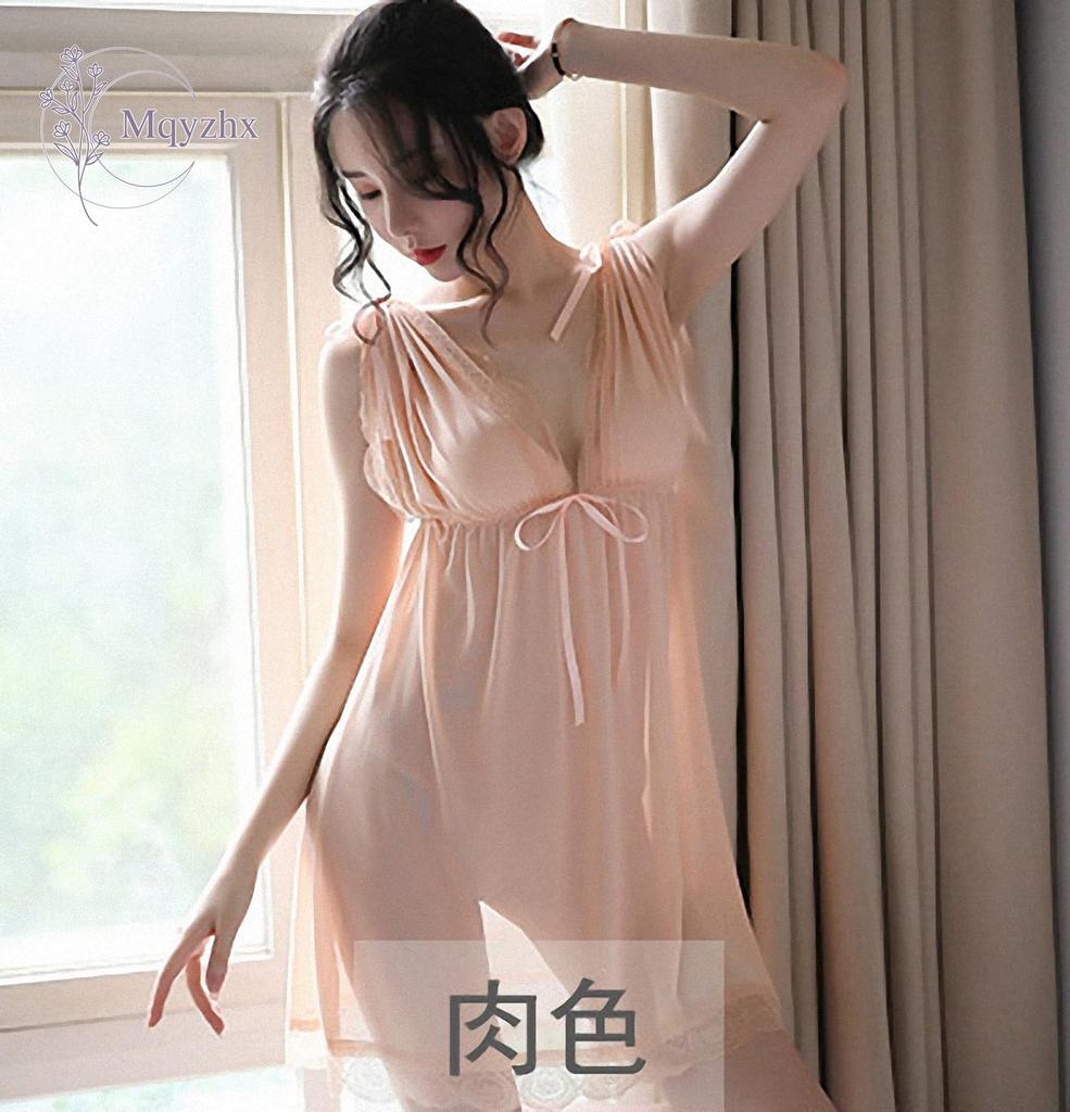 Sexy Babydoll with Nightgown [Mqyzhx] Lingerie, Slip, Camisole, Underwear, Seductive, Cute, T-Back, Loungewear, (Flesh Color)
