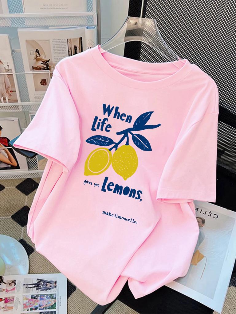 When Life Gives You Lemons Make Limoncello Basics T-Shirt Women Summer O-Neck T Shirts Women Clothes Lemon Top