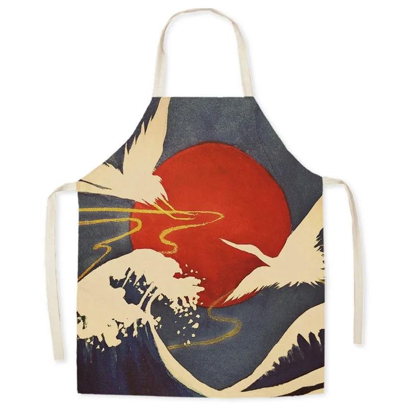 Retro Chinese crane pattern linen apron home cleaning anti-oil bib kitchen adult cooking baking sleeveless apron