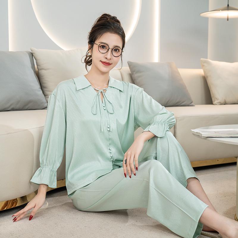 Women's 2025 Universal Lapel Ice Silk Pajamas - Four Seasons, Loose Fit, Plus Size, Solid Color, Comfortable Homewear