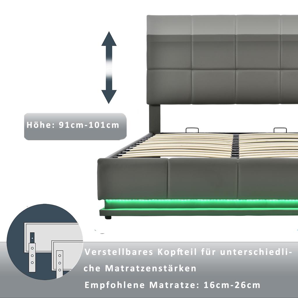 Letto imbottito 160 x 200 cm con LED, rete a doghe in metallo e contenitore, testiera regolabile in altezza e contenitore idraulico, grigio (senza materasso)