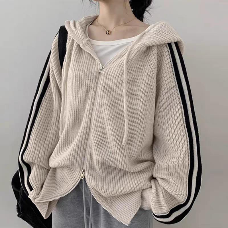 Korean Zipper Stripe Knitted Cardigan Women's Autumn Winter Oversized Y2k Outer Wear Lazy Wind Lapel Hooded Sweater Jacket Coats