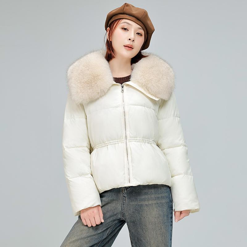 

Женская короткая теплая зимняя куртка с большим меховым лацканом на шнурке XXL бежевый