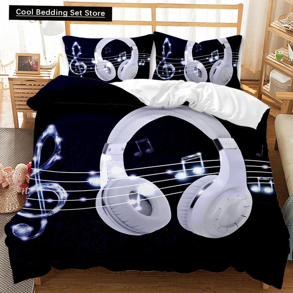 Set de lenjerie de pat cu husă de pilotă pentru căști, muzică rock, melodie, notă, alb rece, căști pentru băieți, dublă, dimensiunea Queen, King, din poliester, husă de pilotă