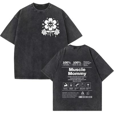Muscle Mommy Gym Fitness Vintage Washed T Shirts Men's Women O-Neck Short Sleeve Tees Casual Cotton Loose Tops