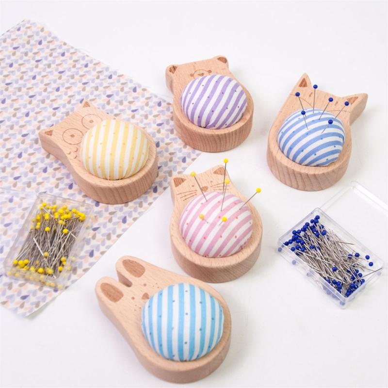 Pin Holder Wood Pin Cushion with 100Pcs 38mm Long Straight Sewing Pin for Fabric Sewing Dressmaking Needlework