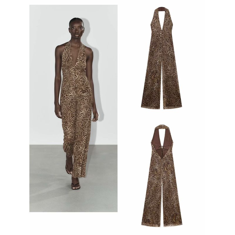 

Zbzr Весна Новая Женская одежда Западный стиль Принт с животным узором Шелковая сетка Воротник-стойка Комбинезон 5039149 042 Leopard print L