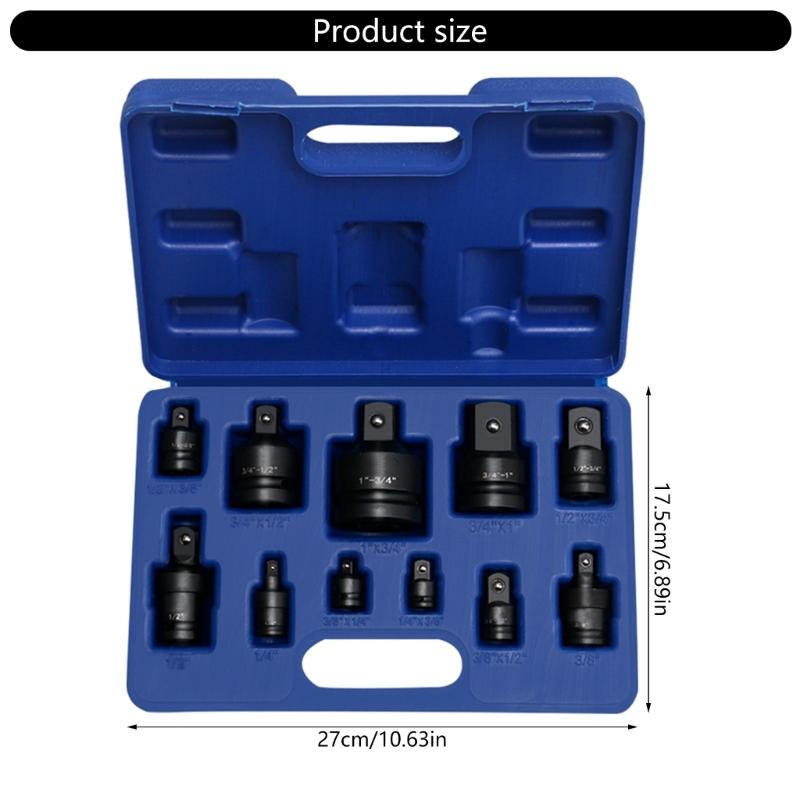 11 Piece Drive Socket Adapter and Reducer Set with Universal Joint Rotation for Efficient Tool Conversion Workshop Needs