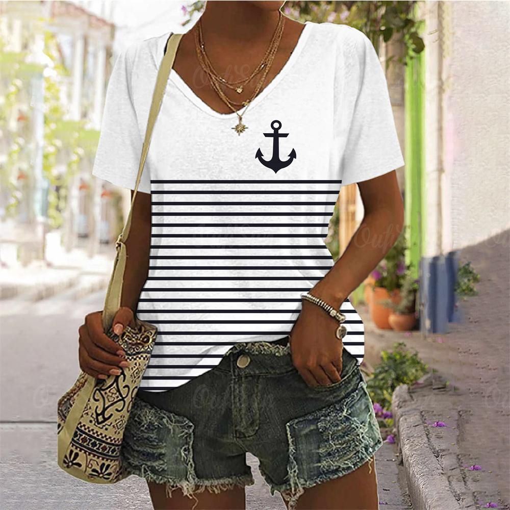 Sommer Oversized T-Shirts Ankerprint Oberteil für Damenmode V-Ausschnitt Damenmode Große Größen Stil T-Shirt für Damen