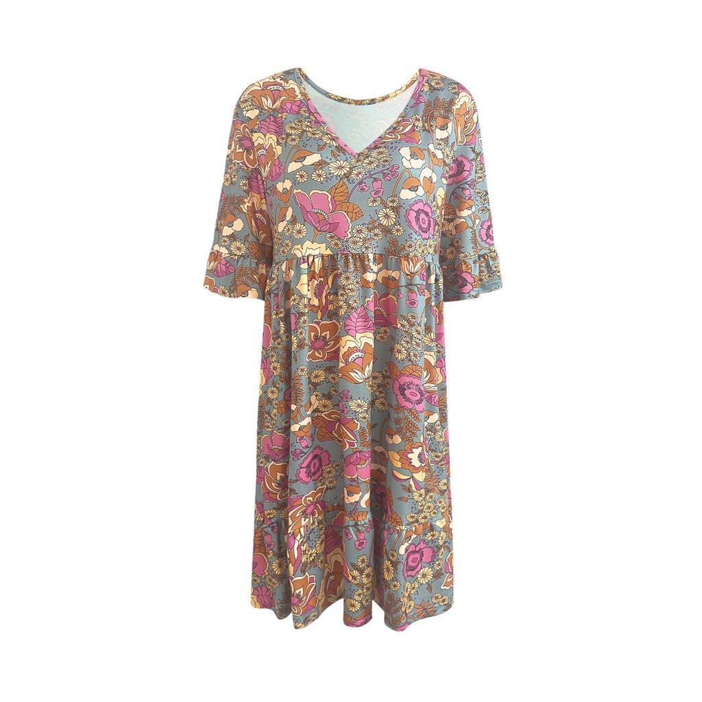 New Summer Boho Dress for Women, V Neck Floral Print Casual Beach Dress, European American Style